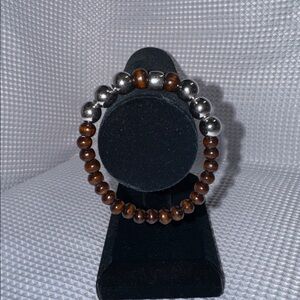 BOHO Stretch Bracelet Brown Faux Wood & Silver Tone Beads 7” New Handmade